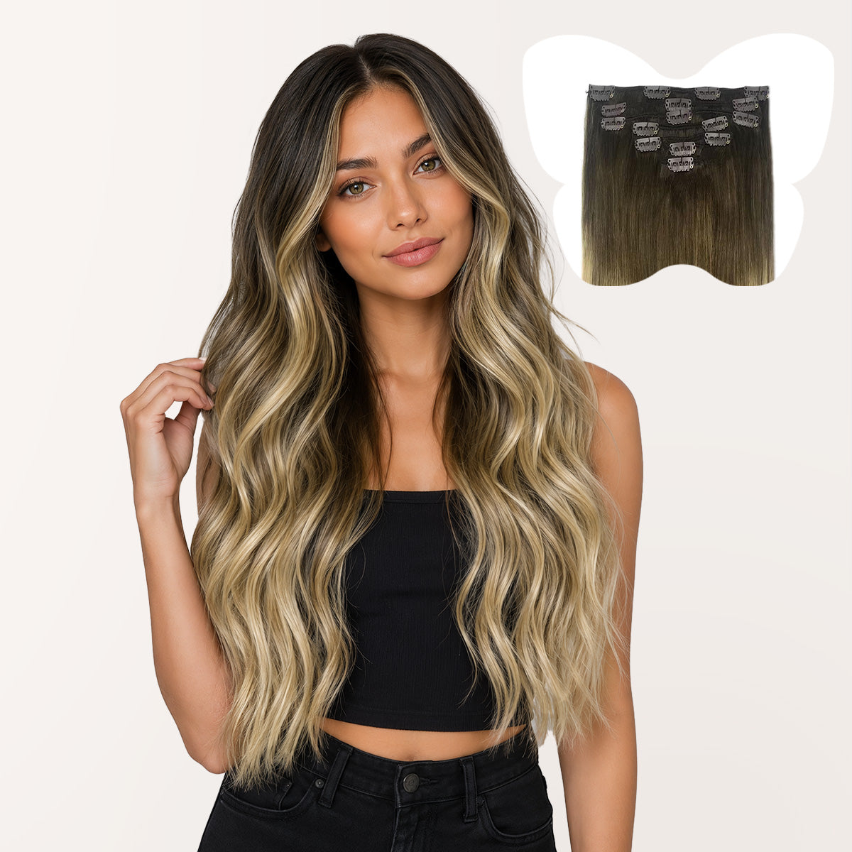 7-Piece Walnut Brown / Ash Brown / Bleach Blonde Balayage (3/8/613) Clip in Hair Extensions
