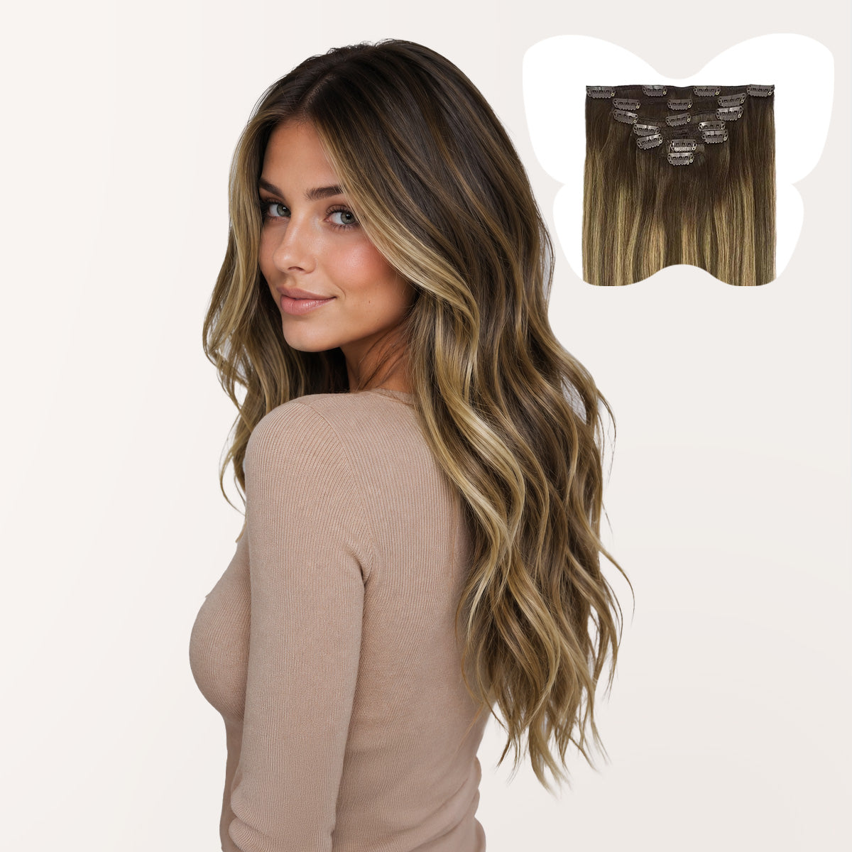 7-Piece Chocolate Brown / Caramel Blonde Balayage (4/27/4) Clip in Hair Extensions